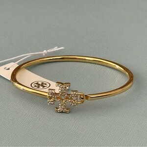 Tory Burch Gold Bracelet Bangle with Pave Crystal Logo